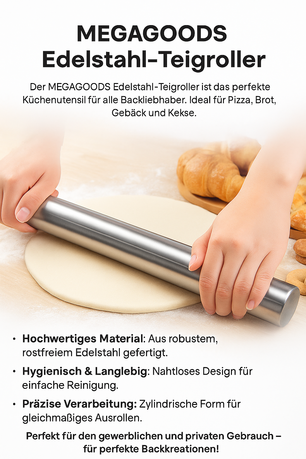 Edelstahl Teigroller Antihaft Backzubehör für Pizza und Gebäck DE. – Bild 2